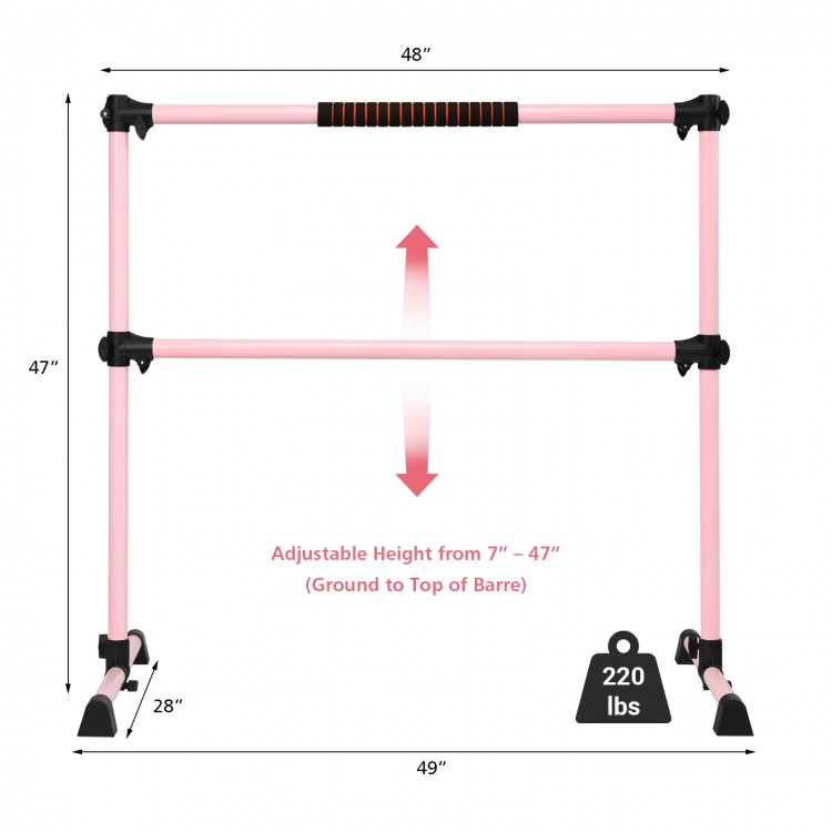 Adjustable pink Pilates ballet barre with double dance bars, stable iron construction, suitable for home and studio use.
