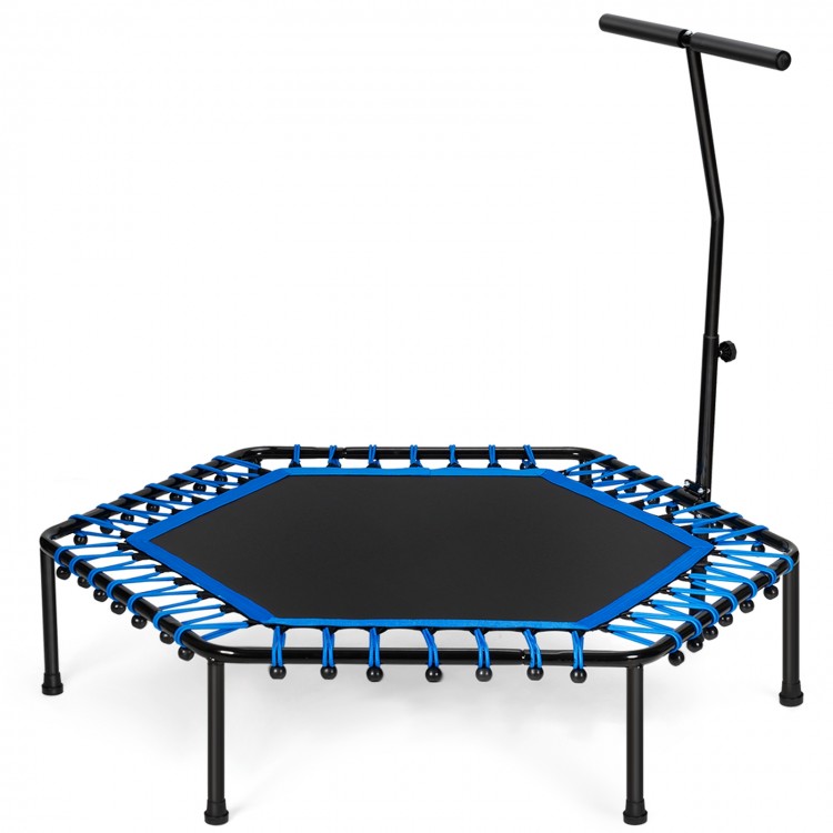 Mini fitness trampoline with adjustable handlebar, durable PP mat, and 42 bungee cords for stable, quiet workouts.