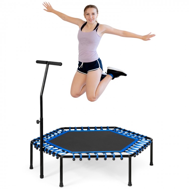 Mini fitness trampoline with adjustable bar, durable PP mat, and sturdy iron frame for indoor and outdoor workouts.