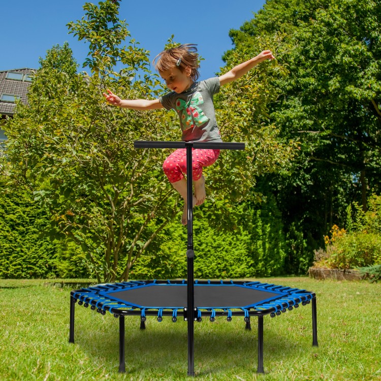 Child jumping on a 51" mini fitness trampoline with adjustable bar, featuring a durable PP mat and sturdy bungee cords.