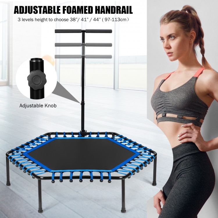 51" mini fitness trampoline with adjustable foamed handrail, sturdy bungee cords, and durable PP jumping mat for indoor.