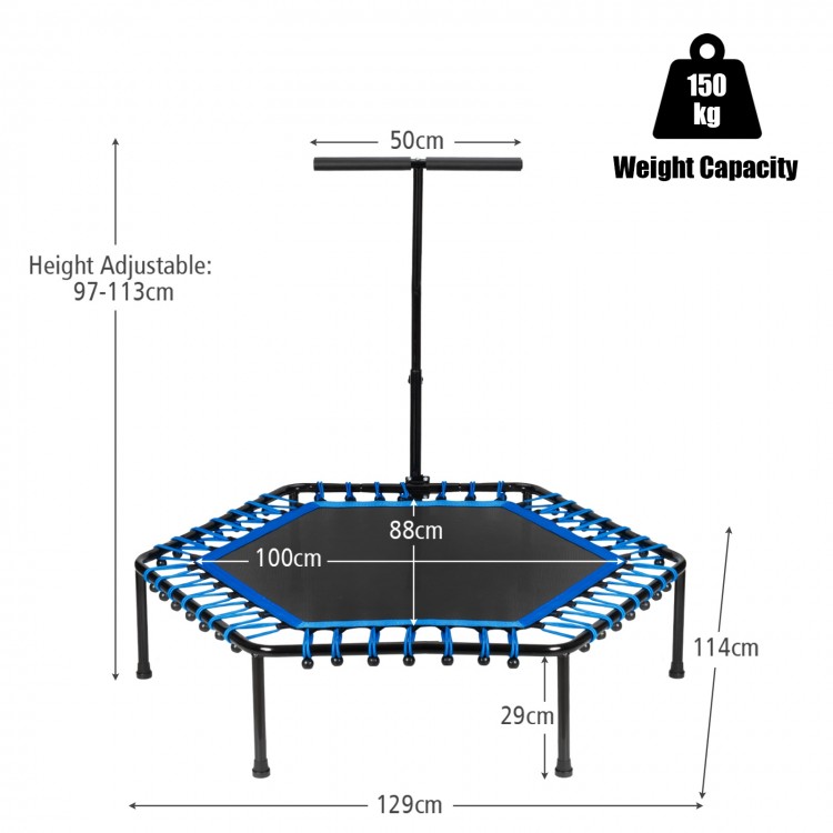 51" mini fitness trampoline with adjustable handlebar, sturdy iron structure, and 42 bungee cords for silent bouncing.