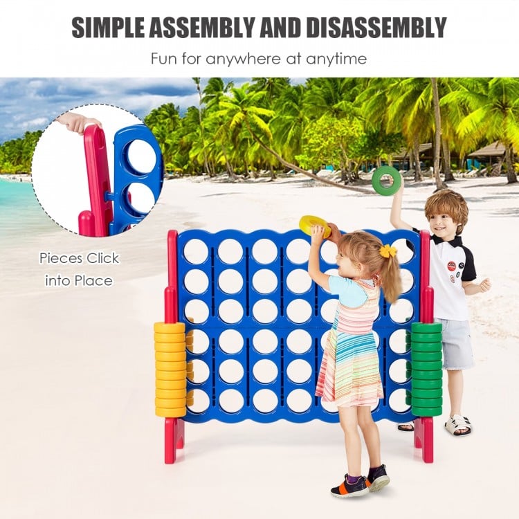 Jumbo 4-to-Score Giant Game Set with colorful rings, perfect for outdoor fun and improving children's motor skills.