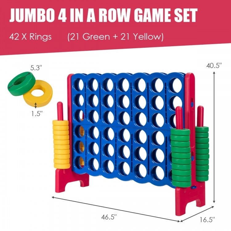 Jumbo 4-in-a-row game set with 42 rings in red, blue, and yellow, ideal for outdoor parties and improving motor skills.