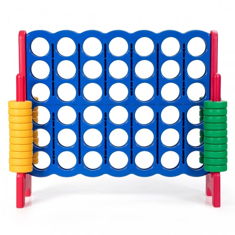 Jumbo 4-to-Score giant game set in blue with 42 colorful rings, ideal for outdoor parties and improving motor skills.