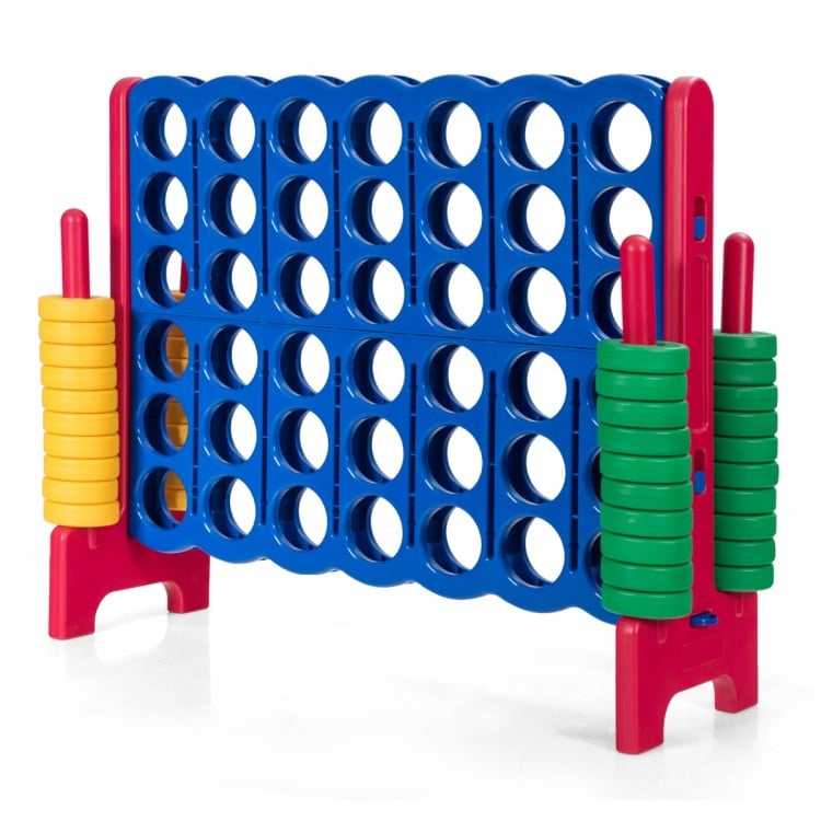 Jumbo 4-to-Score Giant Game Set in red with 42 colorful rings, ideal for outdoor parties and improving motor skills.