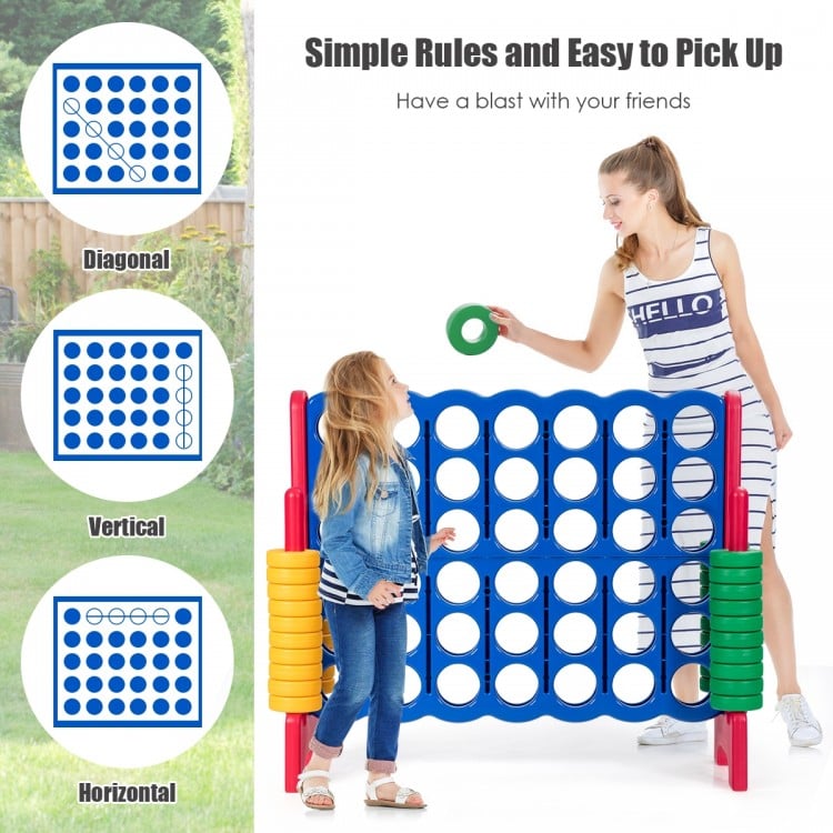 Jumbo 4-to-Score Giant Game Set with red frame and colorful rings, ideal for outdoor parties and improving motor skills.