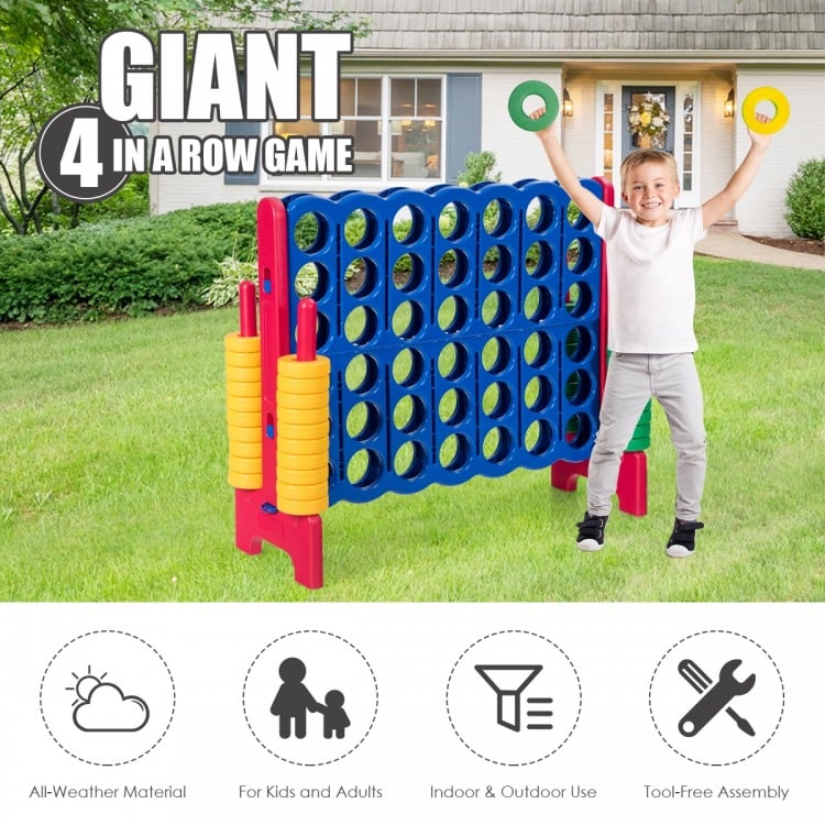 Giant 4-in-a-row game set with 42 jumbo rings, designed for outdoor fun and easy assembly for kids and adults.