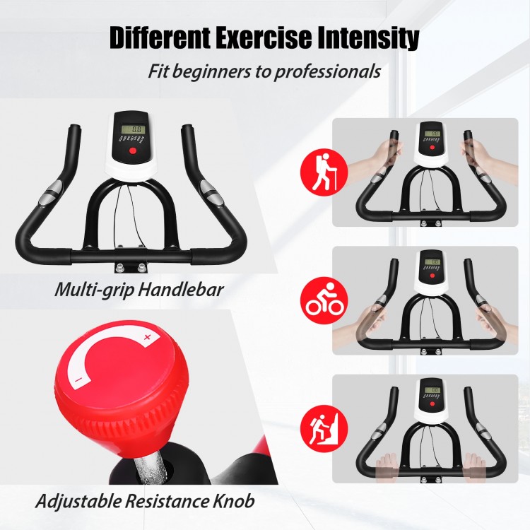 Adjustable exercise bicycle with multi-grip handlebars and resistance knob for customizable cardio workouts.