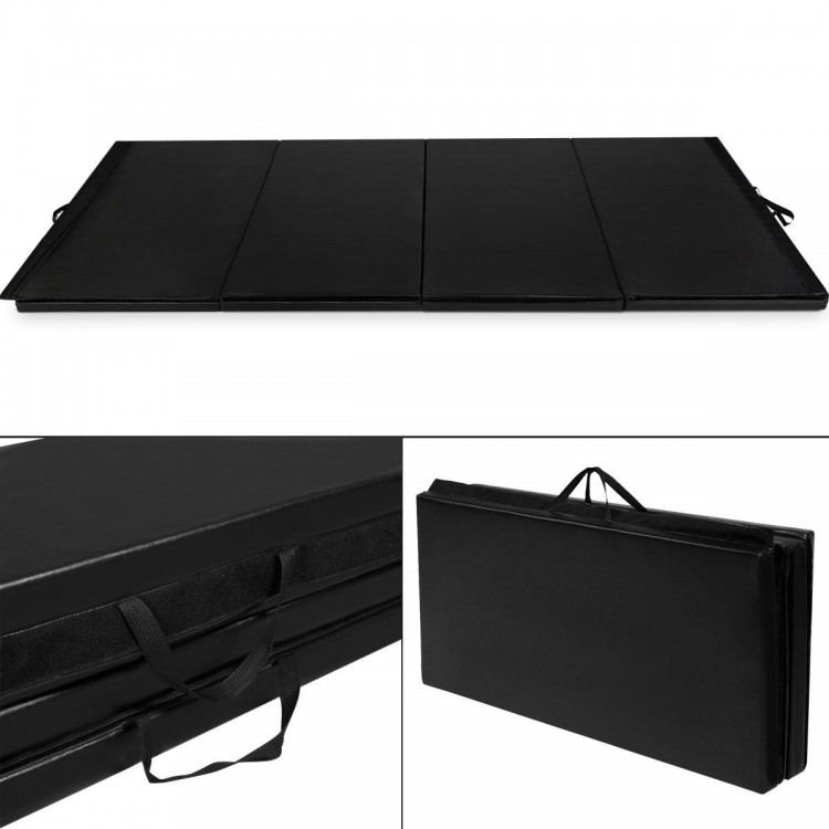 Black 4' x 10' folding gymnastics mat with durable PU leather cover, ideal for yoga, tumbling, and easy transport.