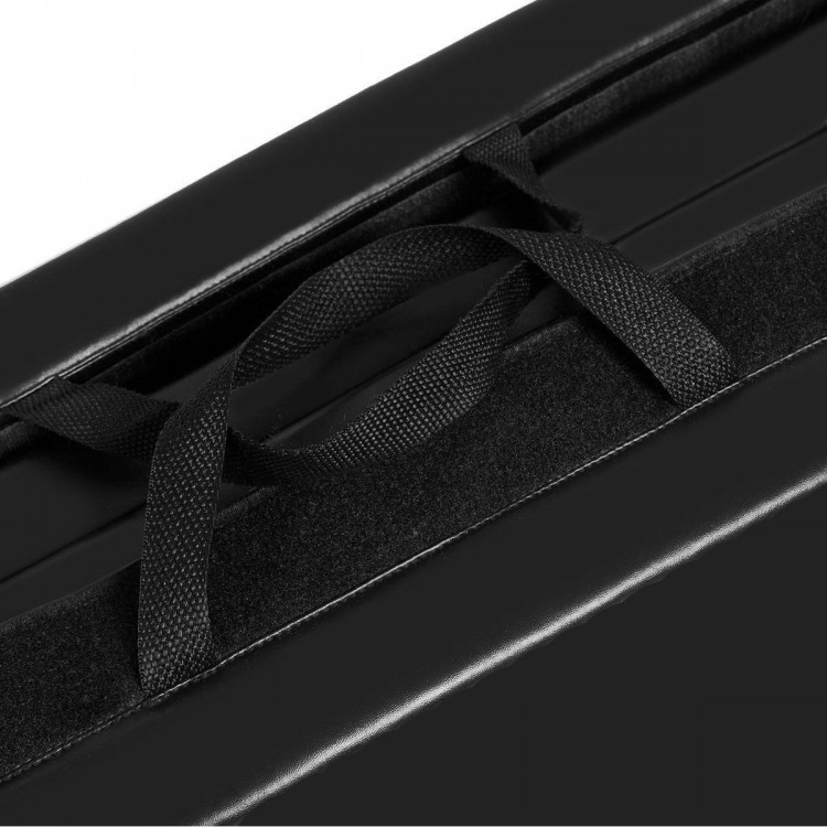 Close-up of the black folding gymnastics mat handle, featuring durable PU leather and portable design for easy.