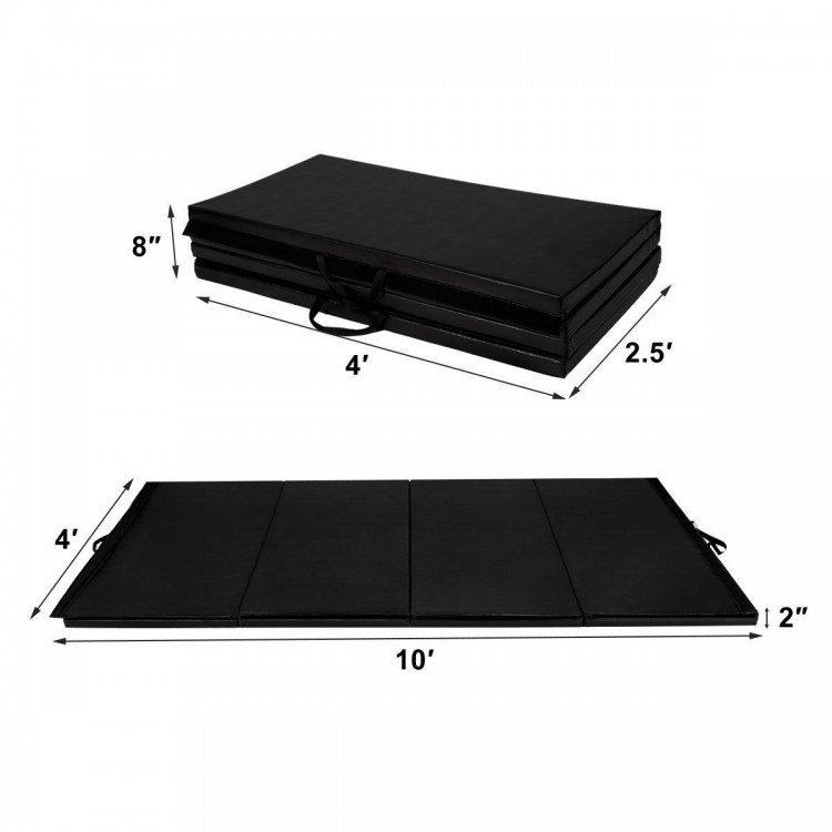 Black folding gymnastics mat measuring 4' x 10' x 2", ideal for yoga, tumbling, and easy storage with handle.