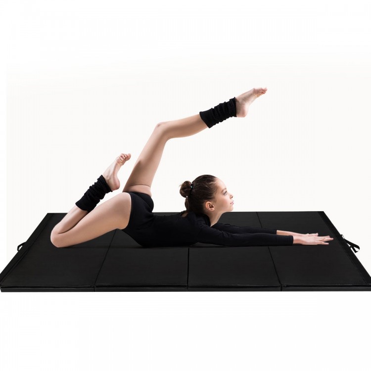 Folding 4' x 10' black gymnastics mat with high-density foam, ideal for yoga, tumbling, and versatile exercises.