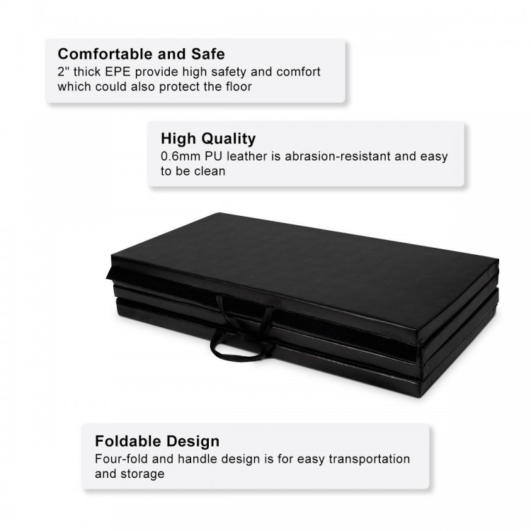 Folding 4' x 10' gymnastics mat in black with 2" thick EPE foam, ideal for versatile exercises and easy storage.