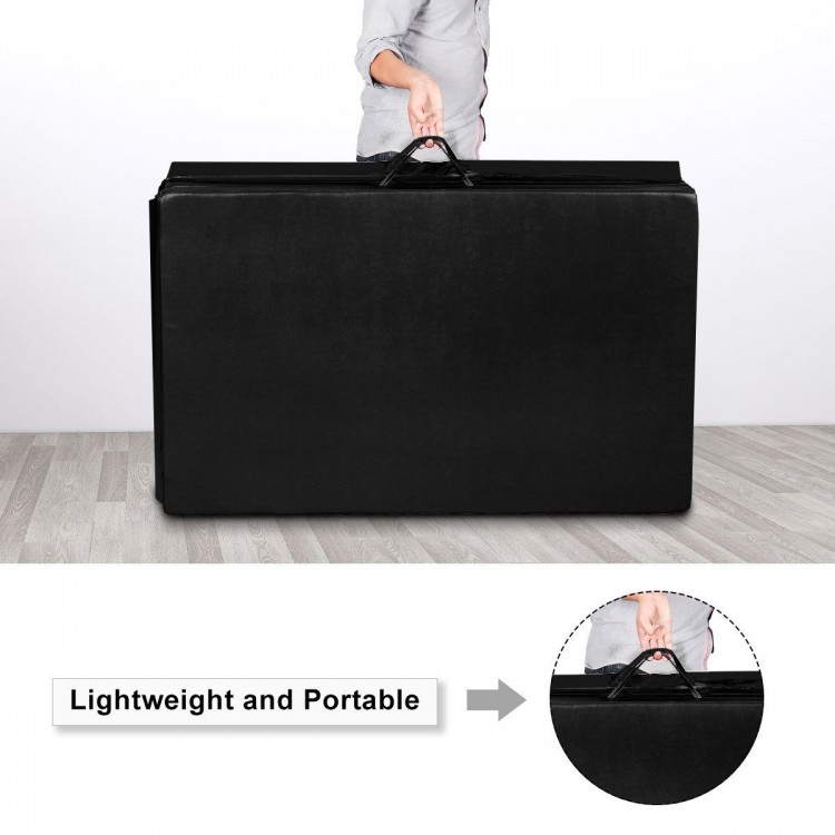Black 4' x 10' folding gymnastics mat with handle, ideal for yoga, aerobics, and easy transport for versatile exercises.