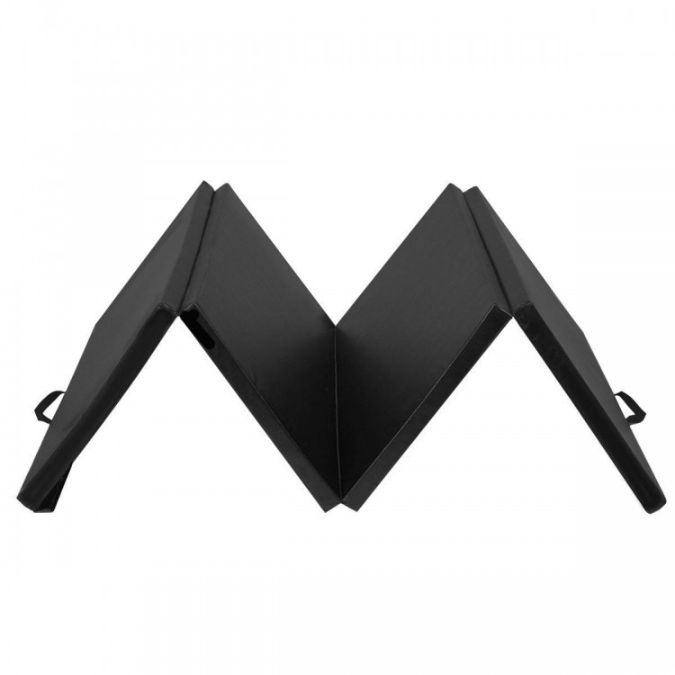 Folding 4' x 10' gymnastics mat in black, featuring high-density foam and portable design for versatile exercise use.