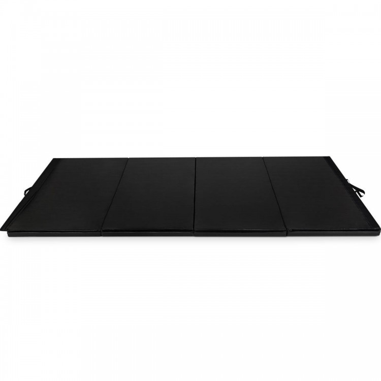Black 4' x 10' folding gymnastics mat with high-density foam, ideal for yoga, tumbling, and easy storage.
