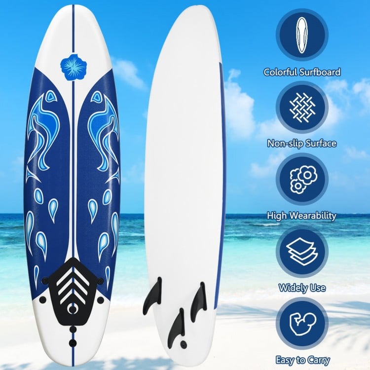 Colorful 6 feet surf foamie board with non-slip surface, ideal for beginners, perfect for beach surfing.