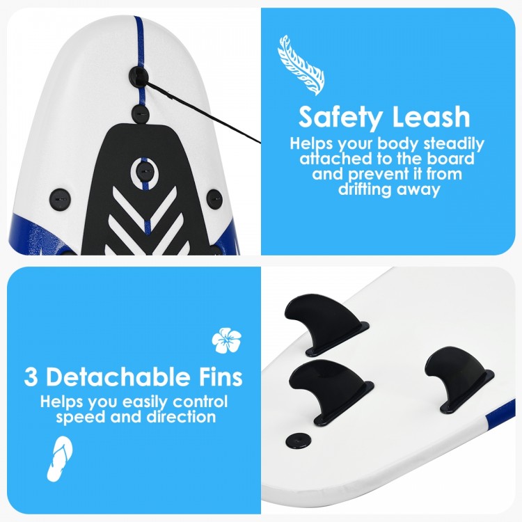 Close-up of the 6 feet surf foamie board showing safety leash and three detachable fins for easy control and transport.