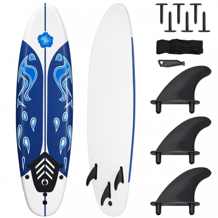 6-foot surf foam board with blue design, durable foam top, removable fins, ideal for beginner surfers.