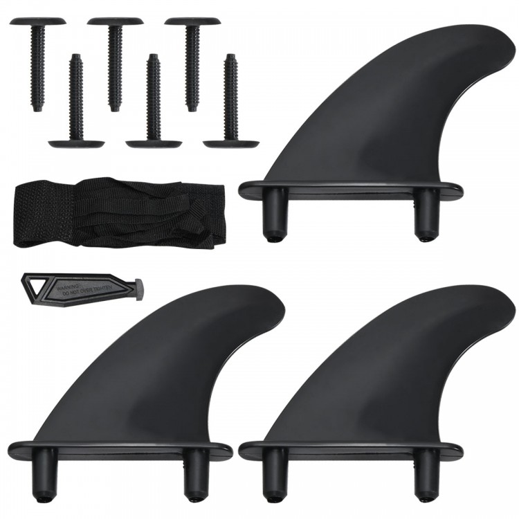 Removable fins set for surfboards, includes screws and leash, designed for 6 feet foam surfboards.