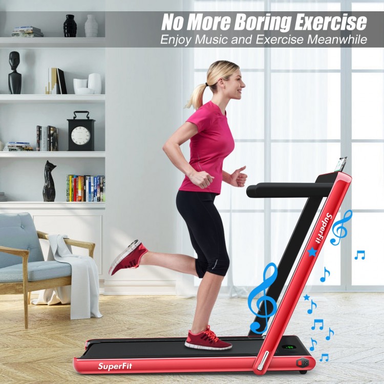 Folding 2-in-1 treadmill in red, featuring a phone holder and remote control for walking or running at adjustable.