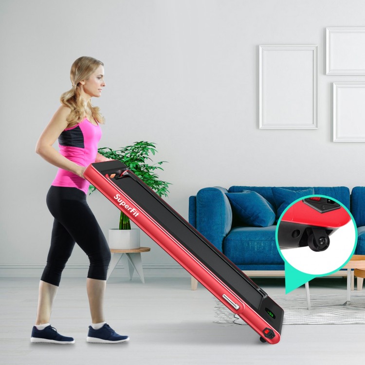 Folding treadmill in red, designed for under-desk use and running, featuring transport wheels and remote control.