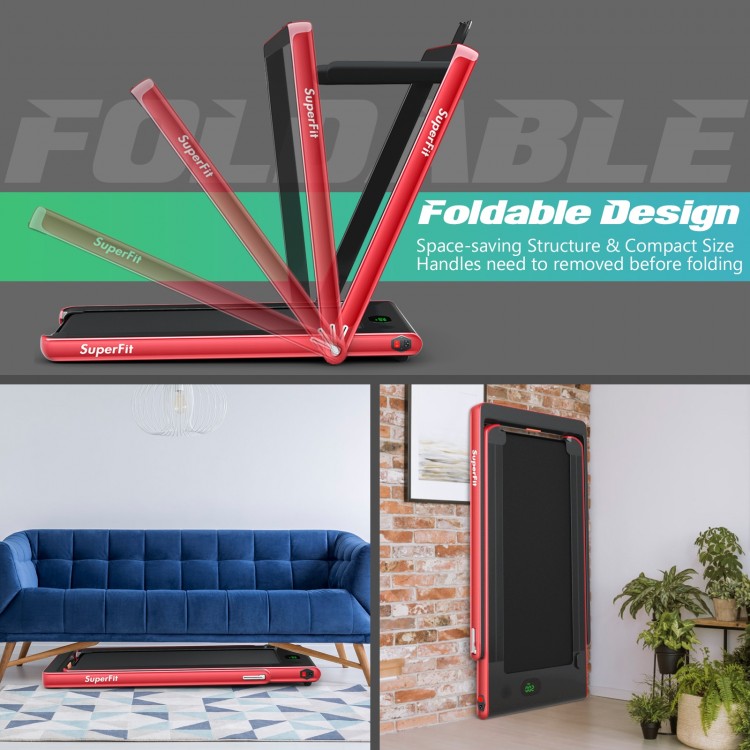 Foldable 2-in-1 treadmill in red, featuring a compact design, remote control, and LED display for home use.