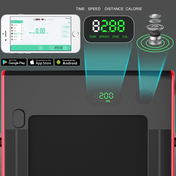 LED display of the 2.25HP 2-in-1 folding treadmill showing time, speed, distance, and calories for efficient workouts.