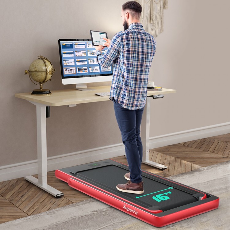 2-in-1 folding treadmill in red, used as an under-desk model, featuring a 2.25HP motor and LED display for fitness.