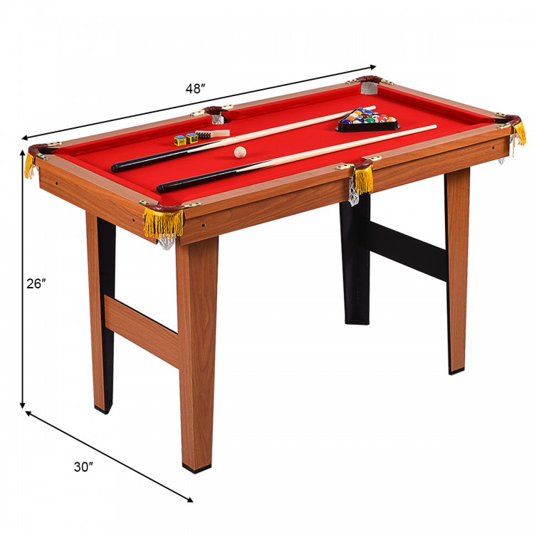 Mini 48-inch pool table with red felt, professional drop-pocket design, perfect for kids to learn billiards at home.