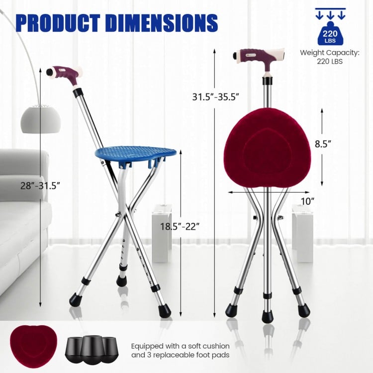 Lightweight adjustable folding cane seat with light-blue top, ergonomic handle, and dimensions for easy storage and use.