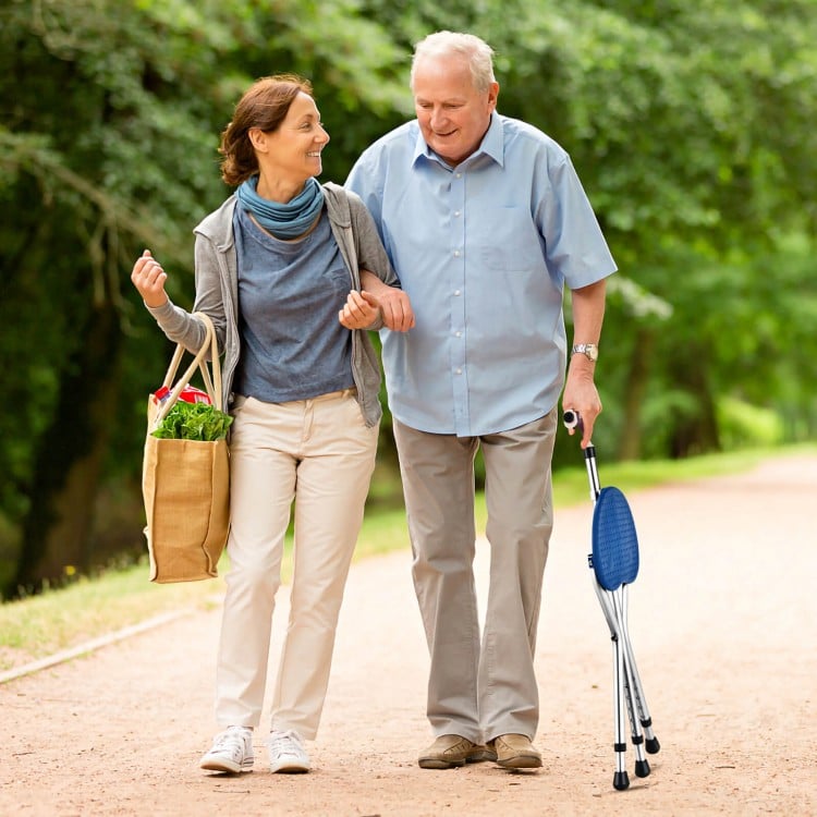 Lightweight adjustable folding cane seat in light blue, perfect for resting while walking or waiting in line.