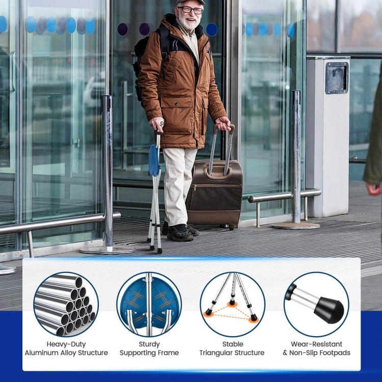 Lightweight adjustable folding cane seat in light-blue with ergonomic handle, stable triangular structure, and LED.