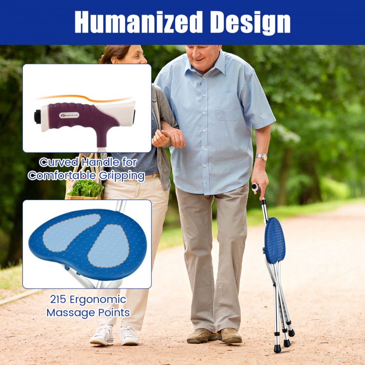 Lightweight adjustable folding cane seat with ergonomic handle and 215 massage points, ideal for resting while walking.