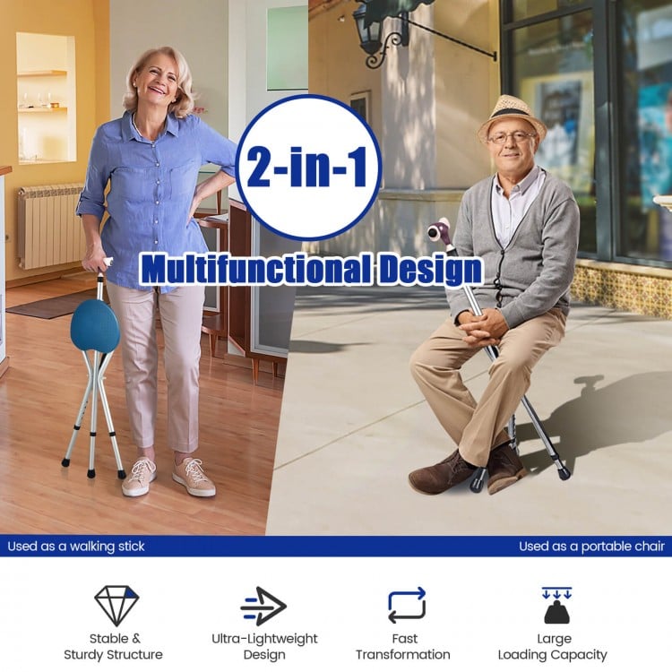 Lightweight adjustable folding cane seat in light blue, featuring a stable structure and ergonomic handle for comfort.