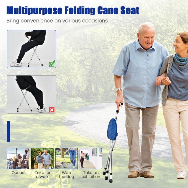 Lightweight adjustable folding cane seat in light blue, featuring a stable design and ergonomic handle for comfortable.