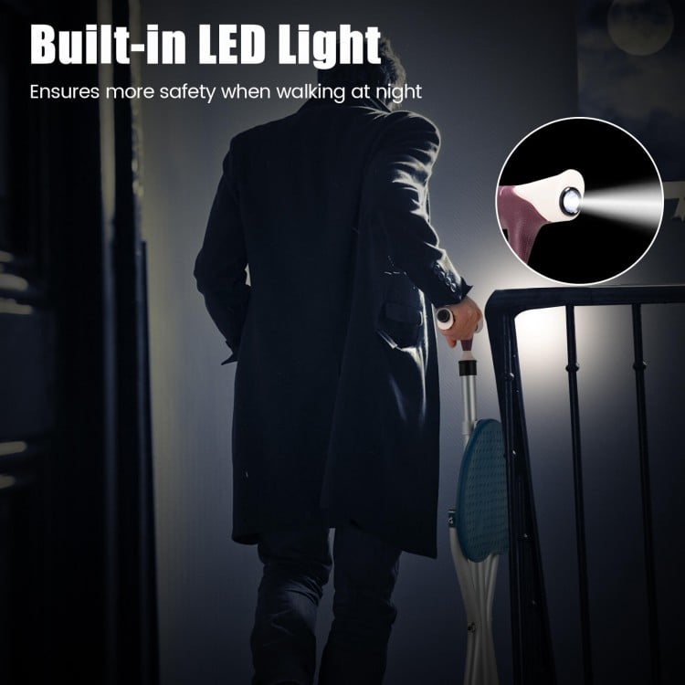 Lightweight adjustable folding cane seat with built-in LED light for safe walking at night, featuring a stable.