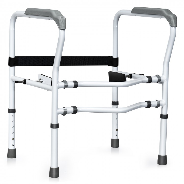 Steel safety toilet rail with adjustable height, sturdy carbon steel frame, and soft armrests for added support.