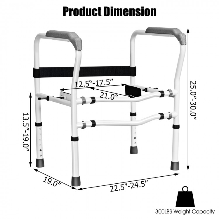 Steel safety toilet rail with adjustable height and width, supporting up to 300lbs for easy sitting and standing.