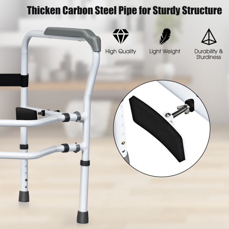 Steel safety toilet rail featuring a sturdy carbon steel frame and adjustable clamps for versatile bathroom use.
