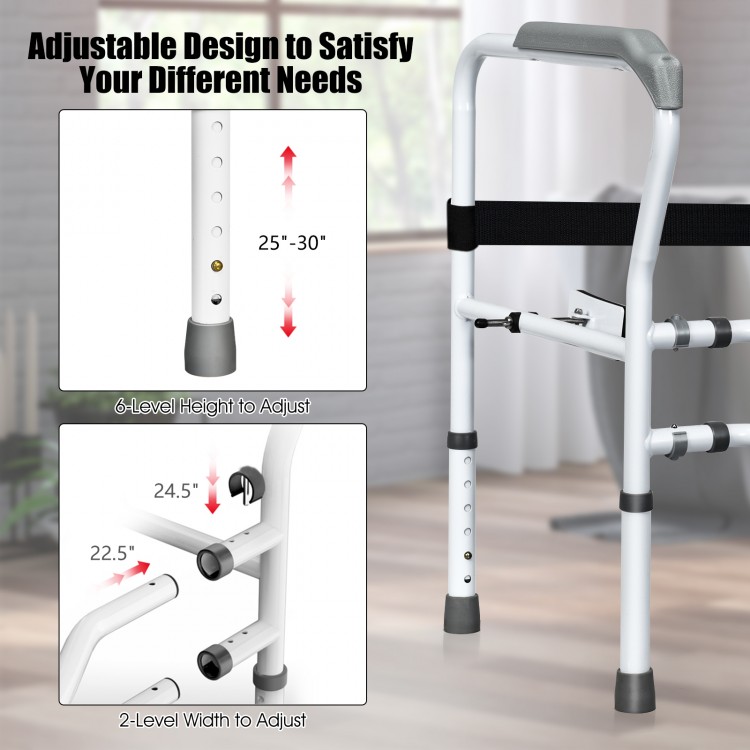 Adjustable steel toilet rail with 6-level height and 2-level width for stability and comfort, supporting up to 300lbs.