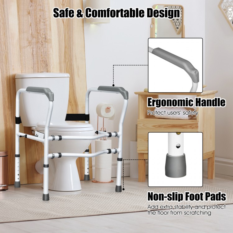 Steel safety toilet rail with ergonomic handles and non-slip foot pads, adjustable for various toilet sizes.