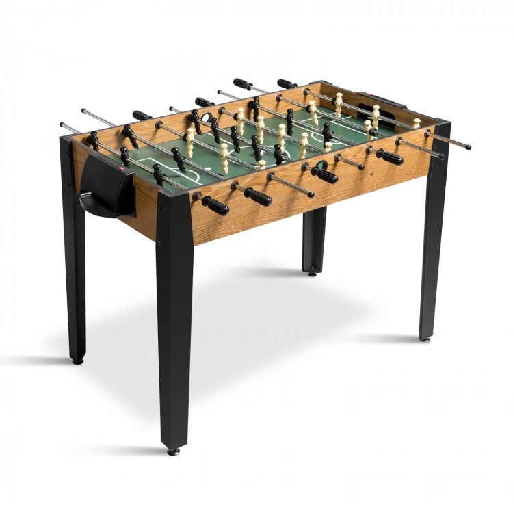 Competition-sized wooden foosball table with ergonomic handles and leg levelers, perfect for home and game rooms.