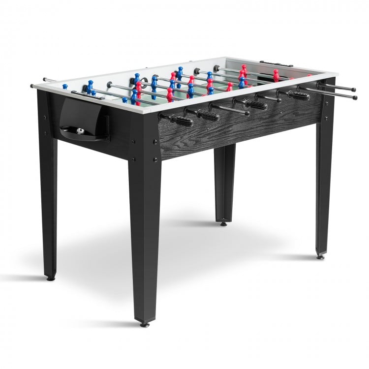 48-inch wooden foosball table in black with non-slip handles, ideal for game rooms, offices, and bars.