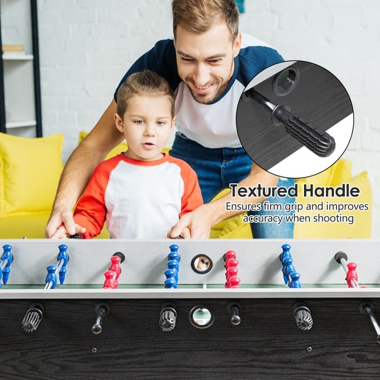 Close-up of the textured handle on a 48-inch wooden foosball table, ensuring a firm grip for better control during play.