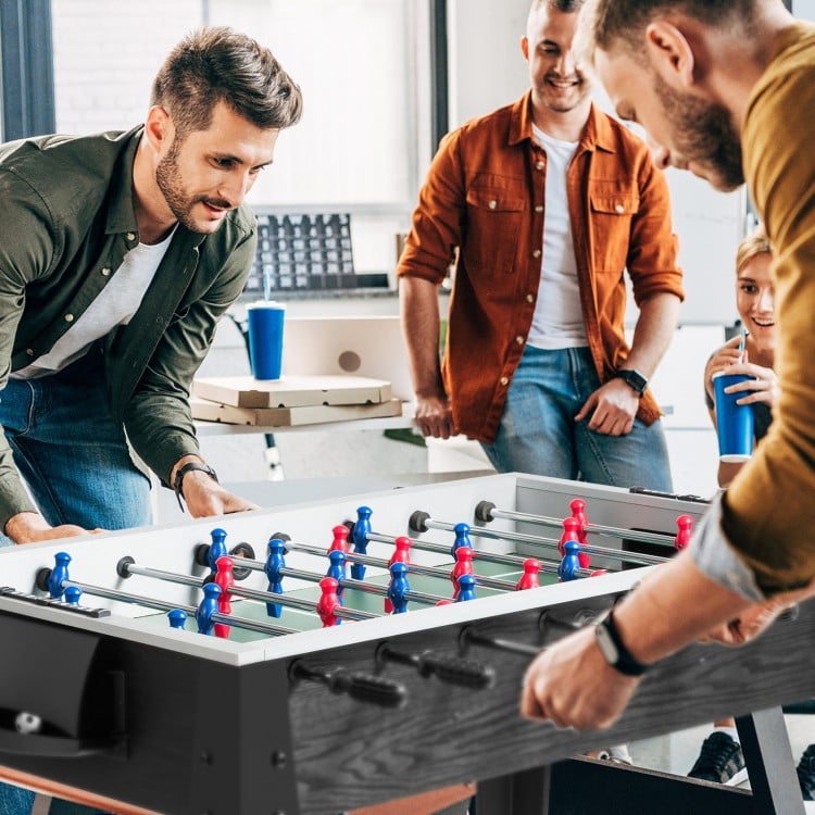 Competition-sized 48-inch wooden foosball table with red and blue players, ideal for home game rooms and offices.