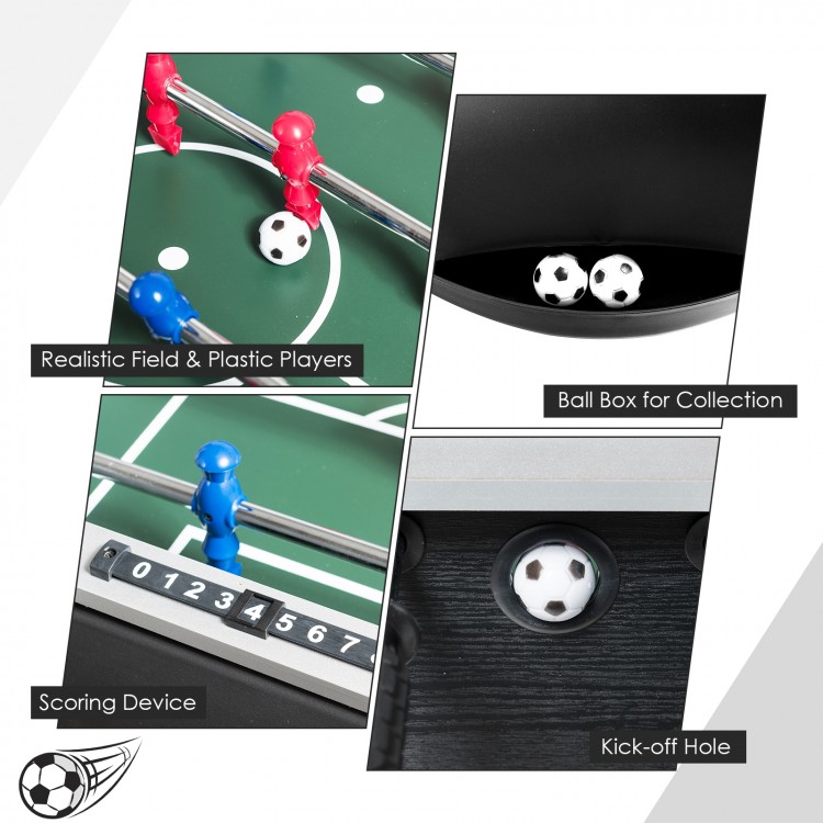 Close-up of the scoring device and kick-off hole on the 48-inch wooden foosball table for competitive play.