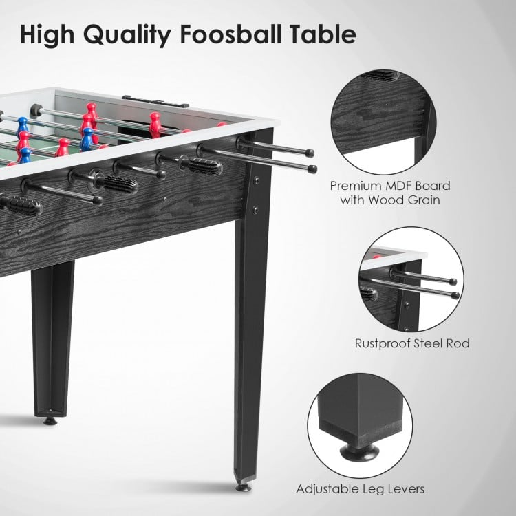 48-inch wooden foosball table with premium MDF, rustproof steel rods, and adjustable leg levers for stable gameplay.