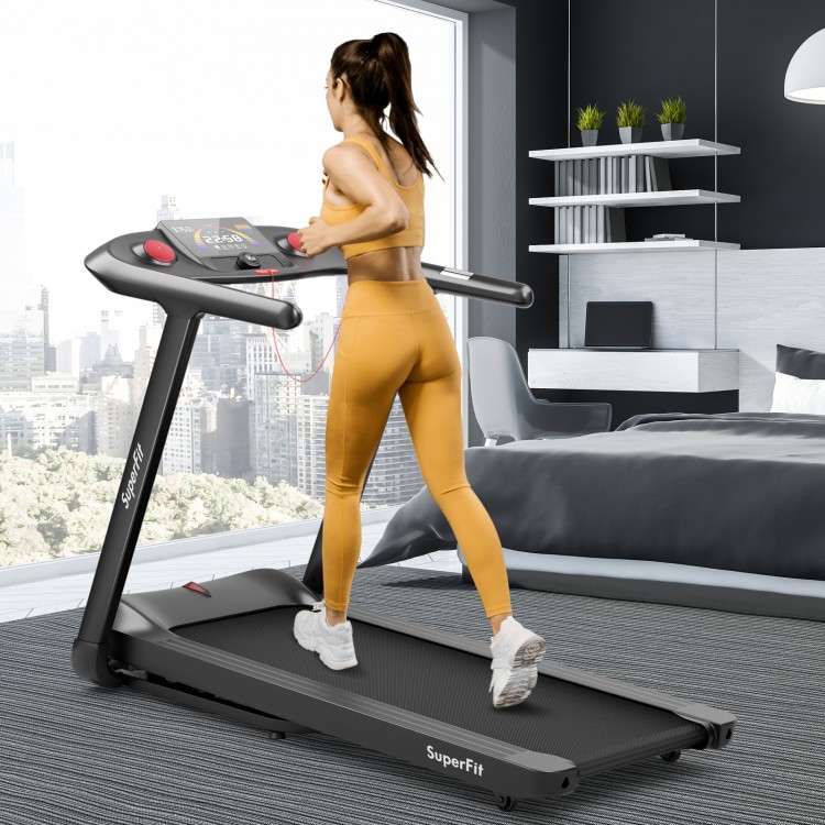 Folding treadmill with a 4.75 HP motor, 20 preset programs, and spacious 51" x 18" running area for home workouts.